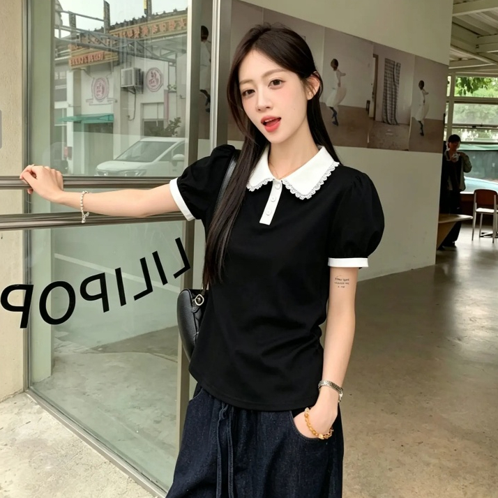 ผู้หญิง เสื้อโปโลแขนสั้น ปลอกคอลูกไม้ แฟชั่น สีทึบ พลัสขนาดเสื้อ รูปที่ 2