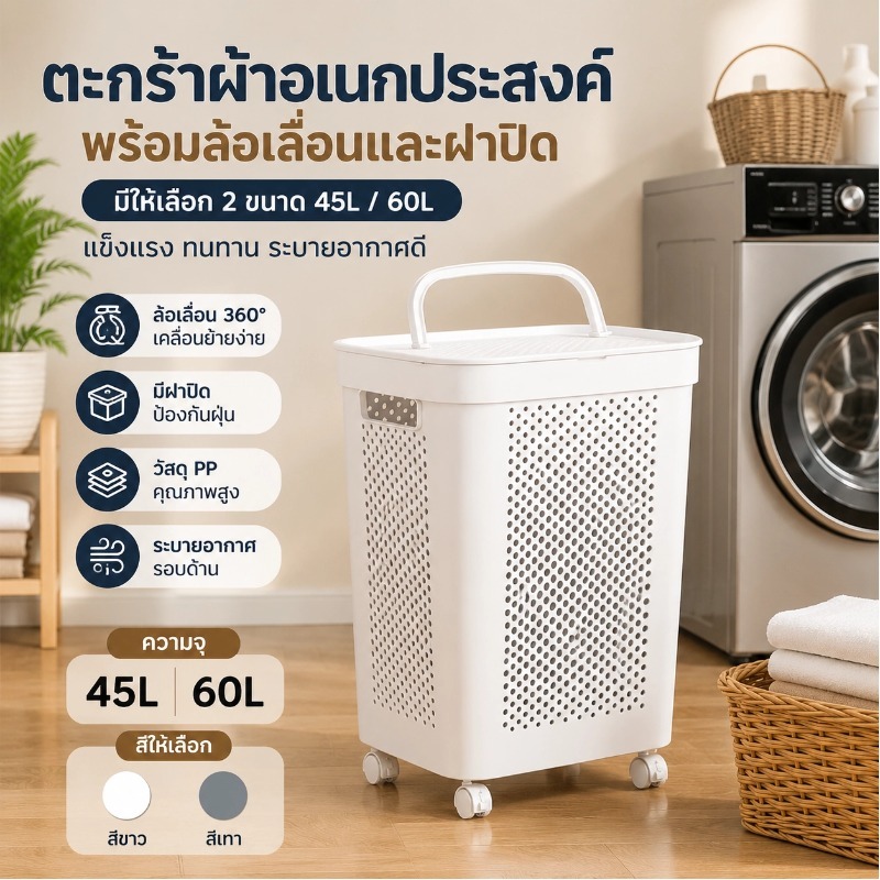 [แนะนำ]พร้อมฝาปิด (ชำรุดเปลี่ยนได้) ตะกร้าผ้าพลาสติก 45/60L ตะกร้าใส่ผ้า ตะกร้าพลาสติก 2สี2ขนาด