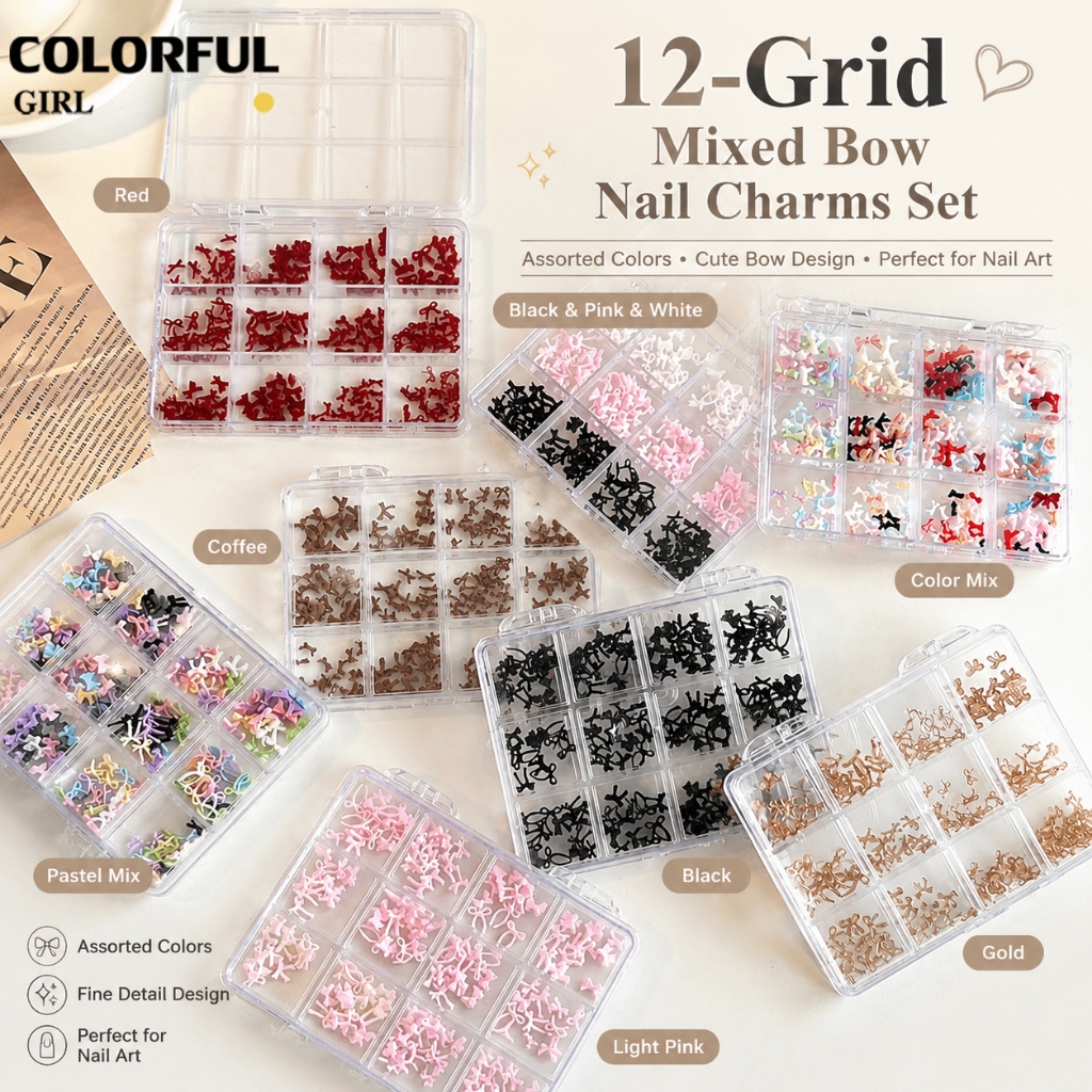 อุปกรณ์ตกแต่งเล็บโบว์เรซิ่น 12 ช่อง โทนสีพาสเทลหวานละมุน ชุด DIY สไตล์สาวน่ารัก