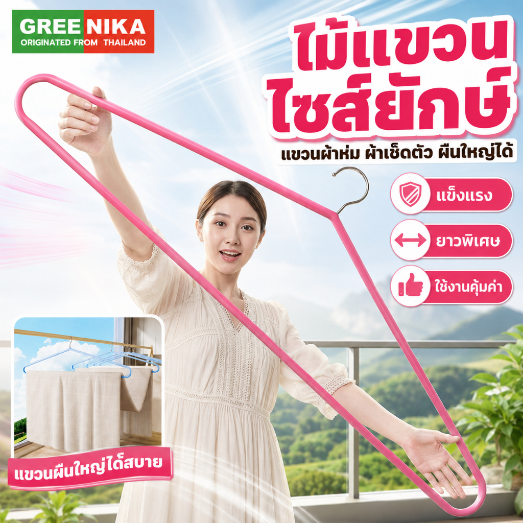 GREENIKA ไม้แขวนเสื้อสแตนเลสขนาดใหญ่ ยาว 100 ซม. เคลือบซิลิโคนกันลื่น ไม่เสียรูป เสริมหนา แข็งแรง