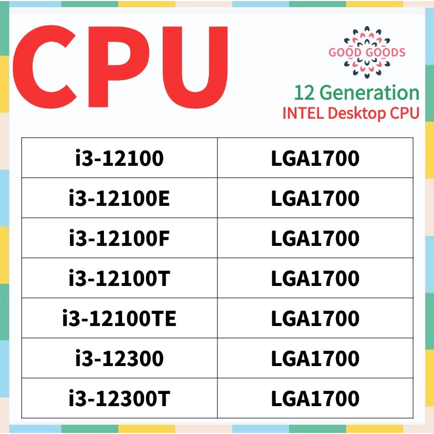 I3-12100 i3-12100E i3-12100F i3-12100T i3-12100TE i3-12100 i3-12300 i3-12300T 12th generation INTEL 