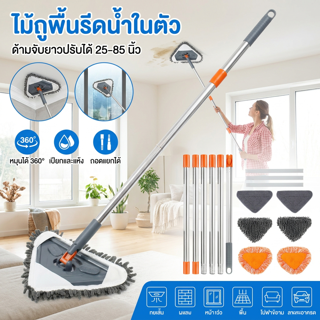 ไม้ถูพื้นรีดน้ําในตัว 14/16 ชิ้น แบบสามเหลี่ยม หัวหมุน 360° ยืดหดได้ ชุดไม้ถูพื้นทําความสะอาด ดันฝุ่น
