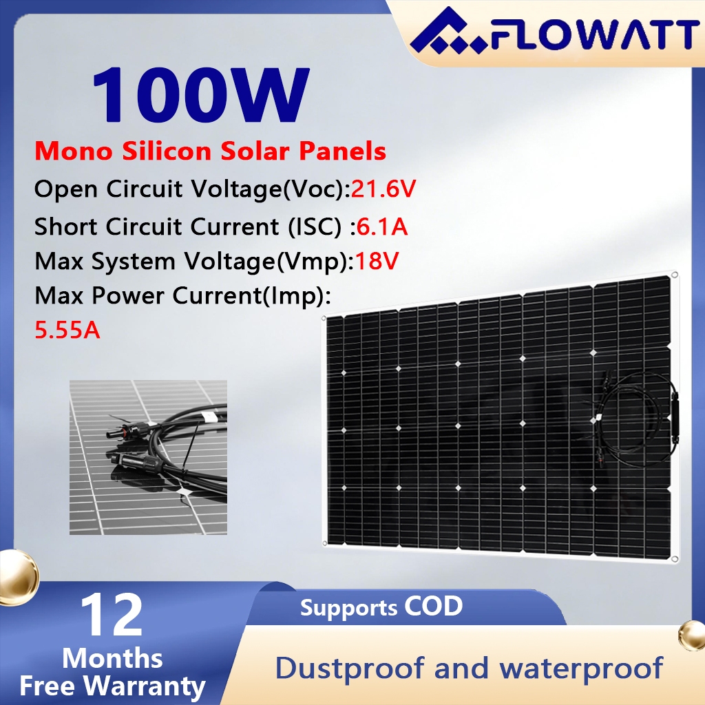 PowMr 100W แผงพลังงานแสงอาทิตย์ สายเคเบิลโมโนคริสตัลไลน์ ยืดหยุ่น กันน้ํา ชาร์จได้ DIY สําหรับรถยนต์ รถบ้าน กลางแจ้ง