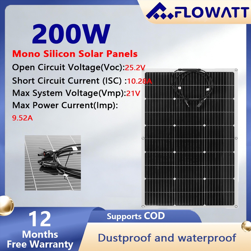 PowMr 200W แผงพลังงานแสงอาทิตย์ สายเคเบิลโมโนคริสตัลไลน์ ยืดหยุ่น กันน้ํา ชาร์จได้ สําหรับรถยนต์ รถบ้าน กลางแจ้ง DIY