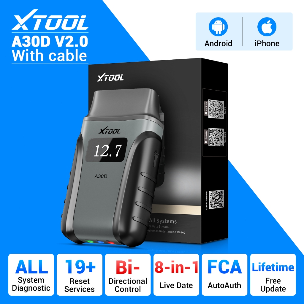 XTOOL A30D V2.0 Bidirectional OBD2 เครื่องสแกนเนอร์ OE-ระดับ Full ระบบวินิจฉัยรถยนต์ 19 + รีเซ็ต FCA