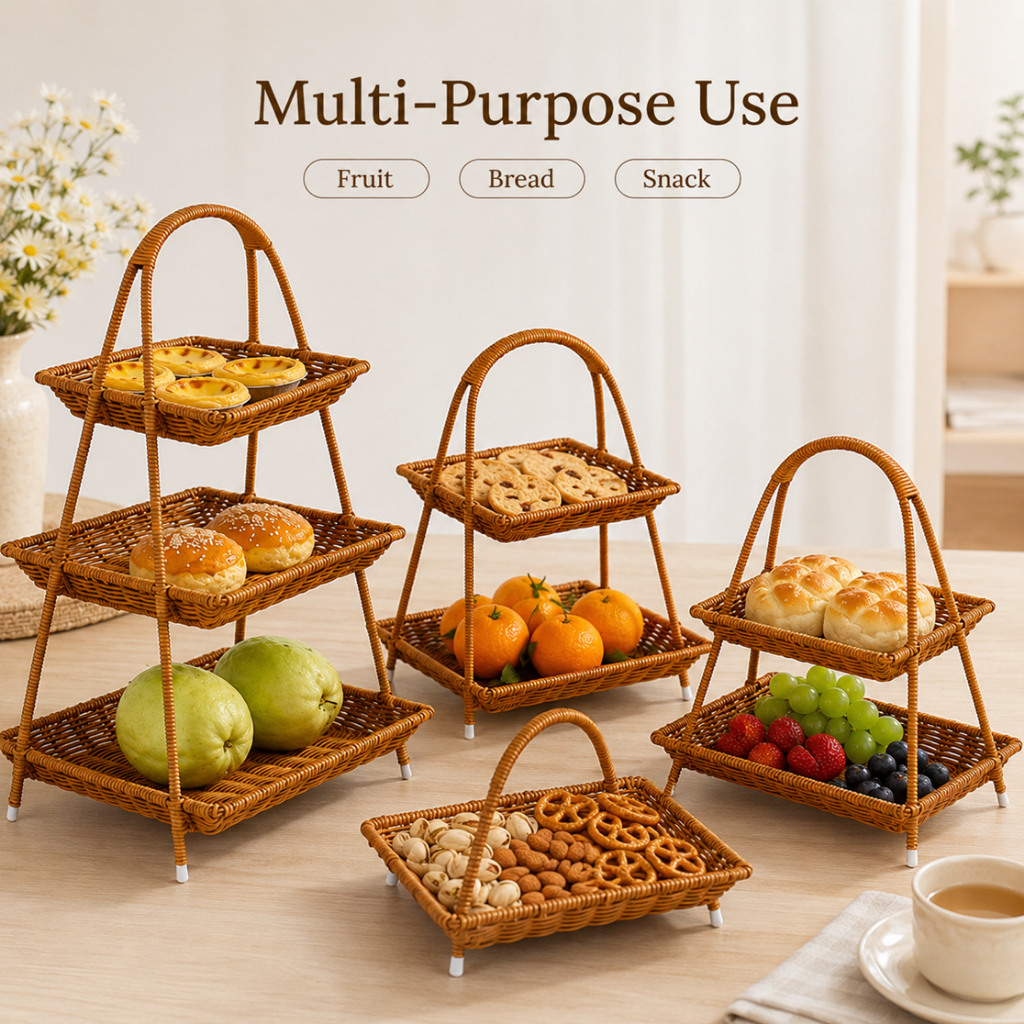ตะกร้าหวาย Multi-Layer วงเล็บขนาดเล็ก Dim Sum แผ่น Cabas ในครัวเรือนตะกร้าขนมขบเคี้ยวผลไม้โรงแรม Pastry ผลไม้จานหวายเทียม Weaved ตะกร้าเก็บ