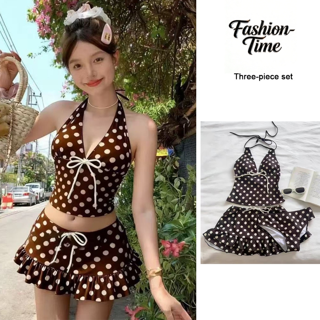 Fashion-Time ชุดว่ายน้ำบิกินี่ลายจุด เซ็ต3ชิ้น ชุดเที่ยวทะเล ใส่แล้วผอม#KJS256