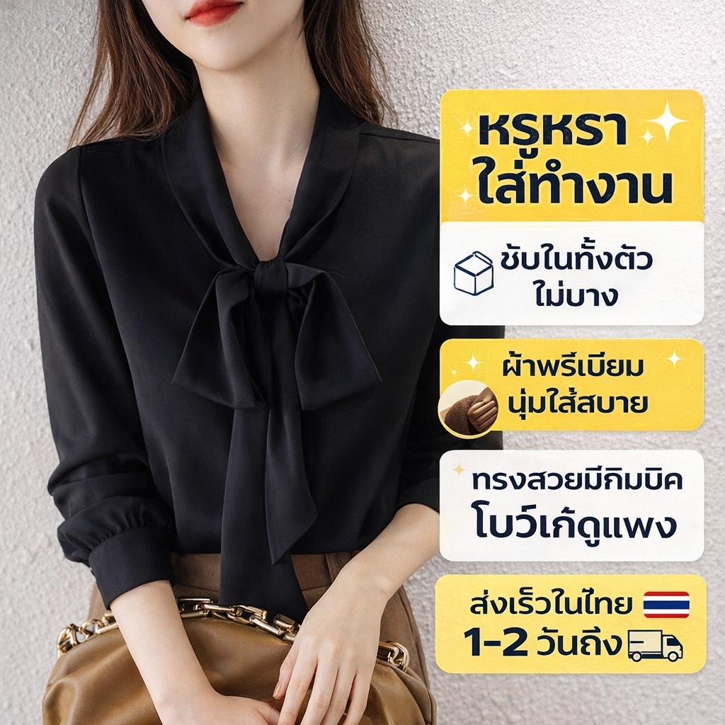 จัดส่งจากประเทศไทยผู้หญิงแขนยาวสีดําโบว์เสื้อแฟชั่นออกแบบฤดูใบไม้ร่วงและฤดูหนาวชุดชั้นในเสื้อสีดําผู้หญิงเสื้อสีดํามาใหม่