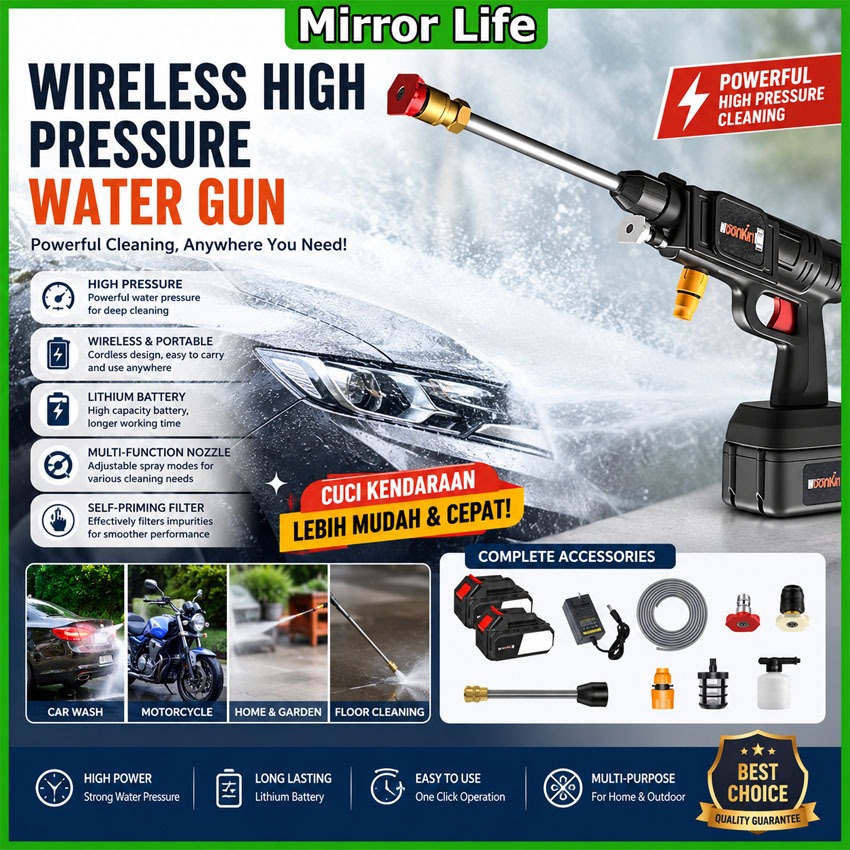 Mirror-Life Home เครื่องมือล้างรถไร้สาย: 9980VF เครื่องล้างรถแบตเตอรี่ลิเธียมแรงดันสูง, วันเดอร์ล้าง