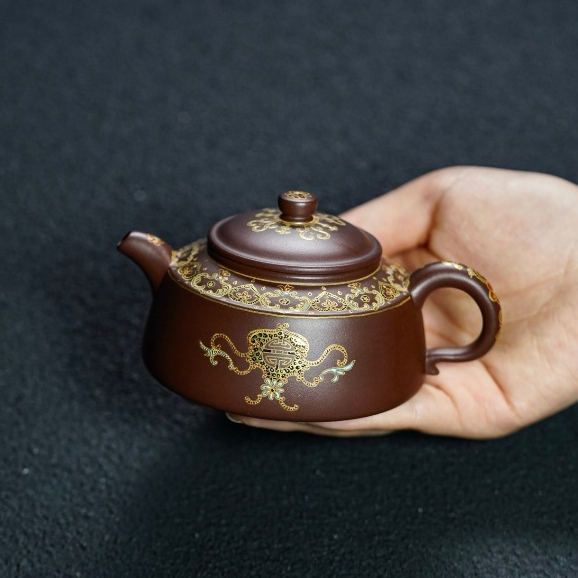 Lanyan Preferred Premium Purple Clay Tea Set [Ename Color] Ruyi · Gold Silver File · 160cc Raw Ore T