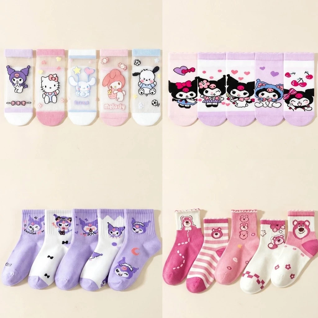5 คู่ Kuromi Melody สาว 0-14 ปีดอกไม้ฝ้ายกลางยาวการ์ตูนถุงเท้า