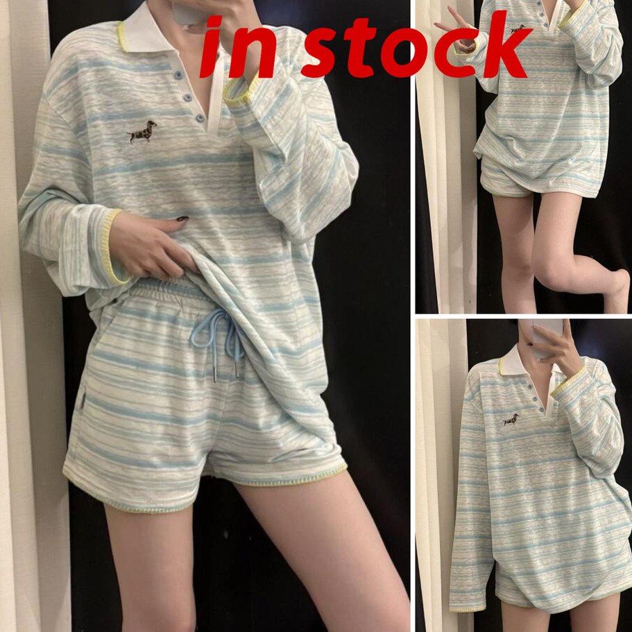 [Grojoy] (คลังสินค้าพร้อม) เสื้อผ้าสุภาพสตรีชุดเกาหลีสีฟ้าสีเทา Dachshund หวานเรียบง่ายบางเสื้อแขนยาว + กางเกงขาสั้น Loungewear ชุดสองชิ้น A0460
