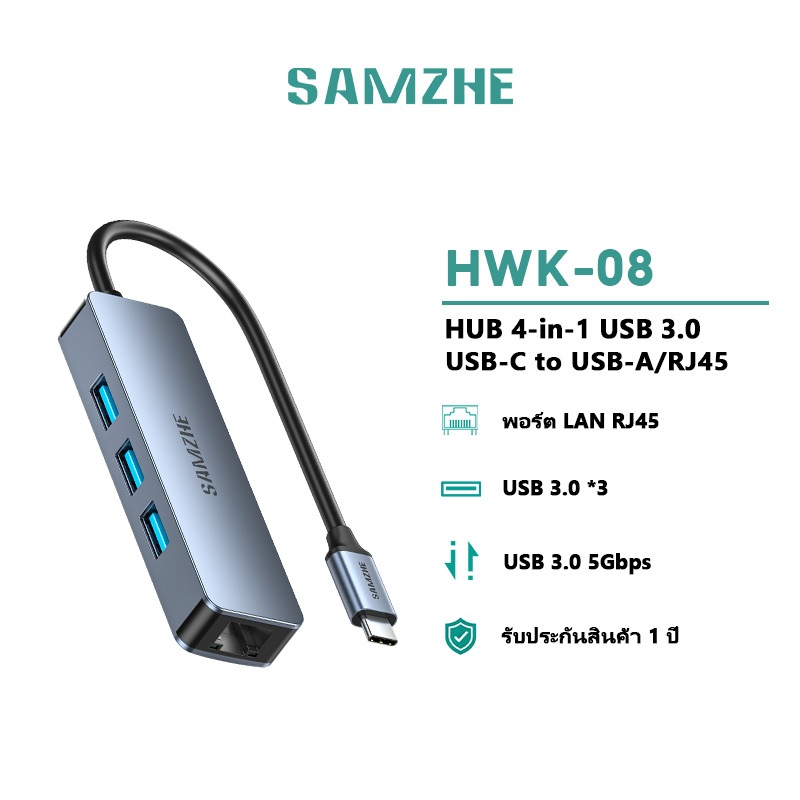 SAMZHE HWK08 USB Hub Type-C to USB A 3.0 RJ45 LAN 1000Mbps Ethernet Adapter Dock สำหรับ PC รุ่น