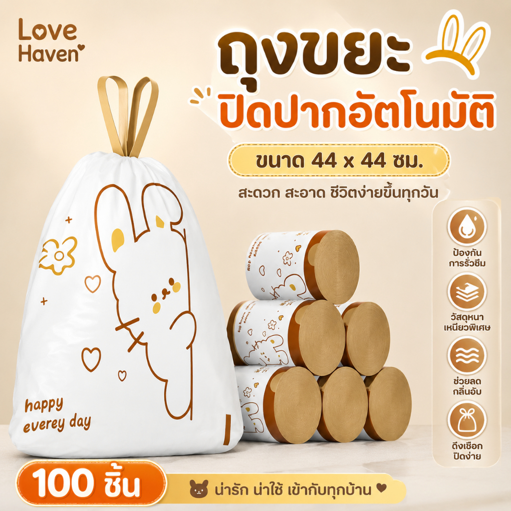[Love Haven]ถุงขยะ 100ใบ ออกแบบแบบหนาพิเศษ ทนต่อการดึง ฉีก และกระชาก ไม่ทะลุง่าย มีเชือกดึง สะดวกในการใช้งาน ไม่ทำให้มือสกปรก ถุงขยะขนาดใหญ่
