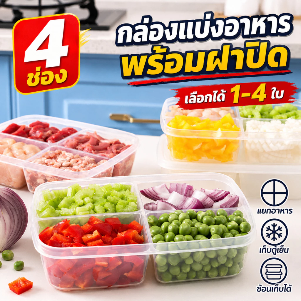 กล่องใส่อาหาร 4 ช่อง พร้อมฝาปิด กล่องแบ่งอาหาร แช่ตู้เย็นได้ สำหรับผัก ผลไม้ เนื้อสัตว์ ส่งจากไทย