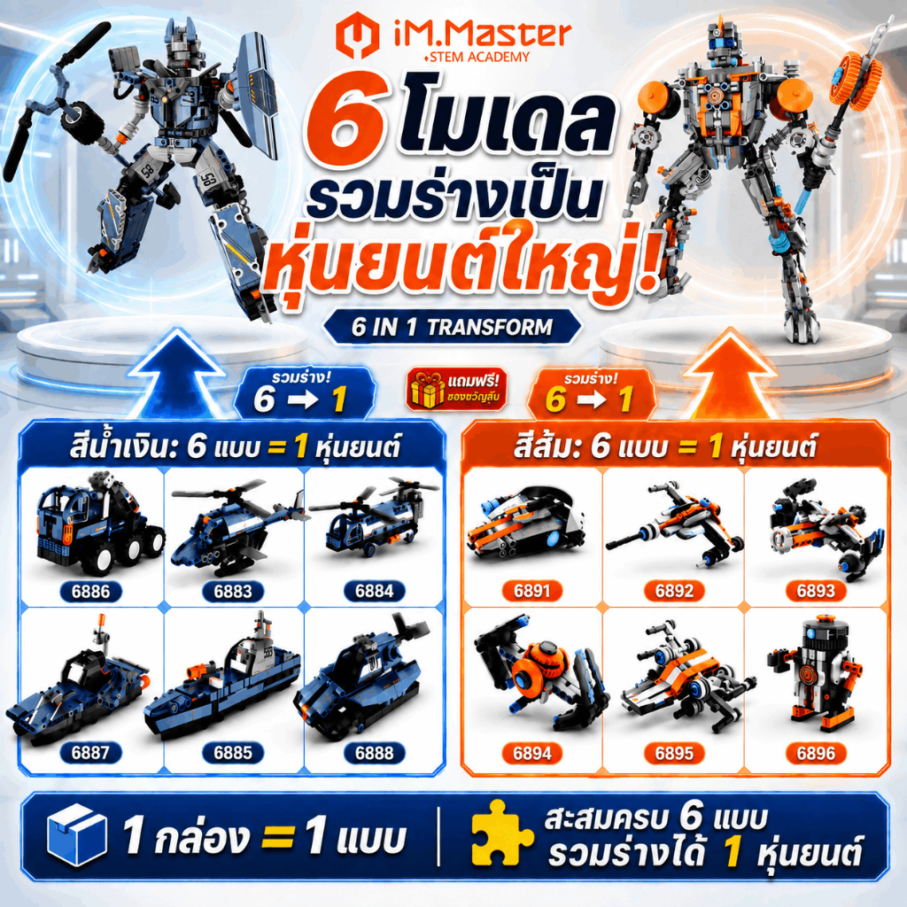 IM.Master ตัวต่อหุ่นยนต์รวมร่าง 1 กล่อง 1 รุ่น สะสมครบ 6 รุ่น รวมร่างได้ มี 2 ซีรีส์ STEM DIY 6+