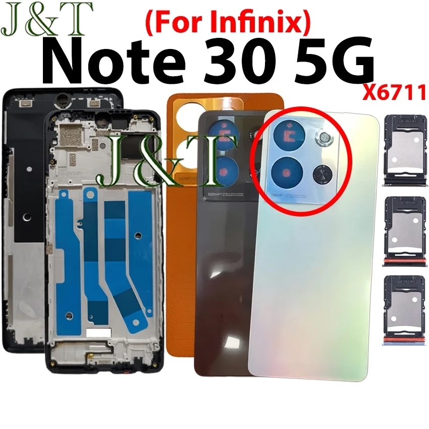 ฝาหลังแบตเตอรี่สําหรับ Infinix Note 30 5G X6711 กระจกด้านหลังด้านหลังด้านกระจกเลนส์กล้องกระจกและกรอบ LCD หน้า + ถาดซิม