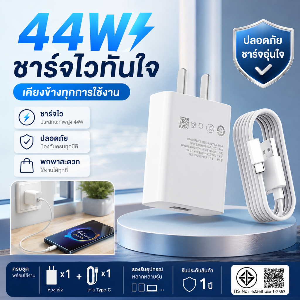 ชาร์จเร็ว 44W แฟลชชาร์จ Type-C ชุดหัวชาร์จพร้อมสาย รองรับหลายรุ่น vivo 44w fast charger pixelcore.th