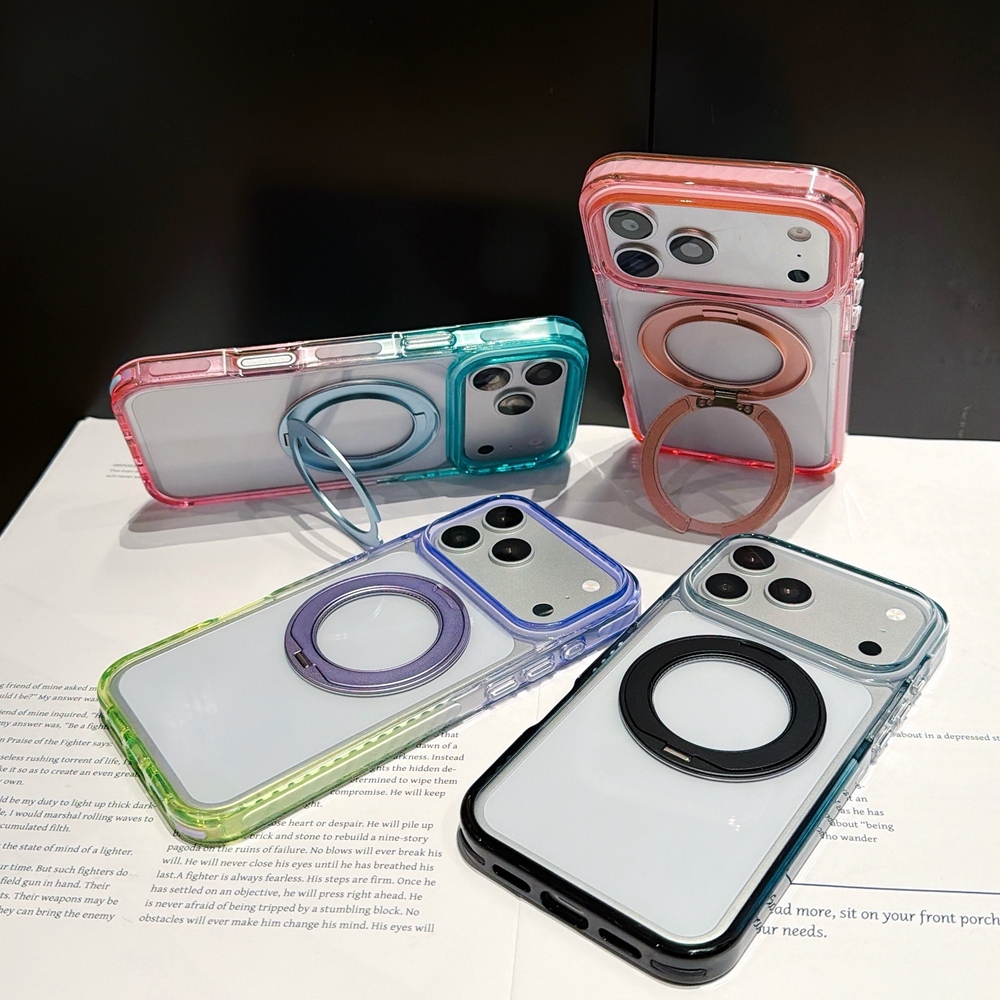 ฟรีหมุนแหวนโลหะ Stand Holder สําหรับ iPhone 17 14 15 Plus 16 18 Pro Max 13 Gradient กรอบ Clear Magnetic Hard Cover