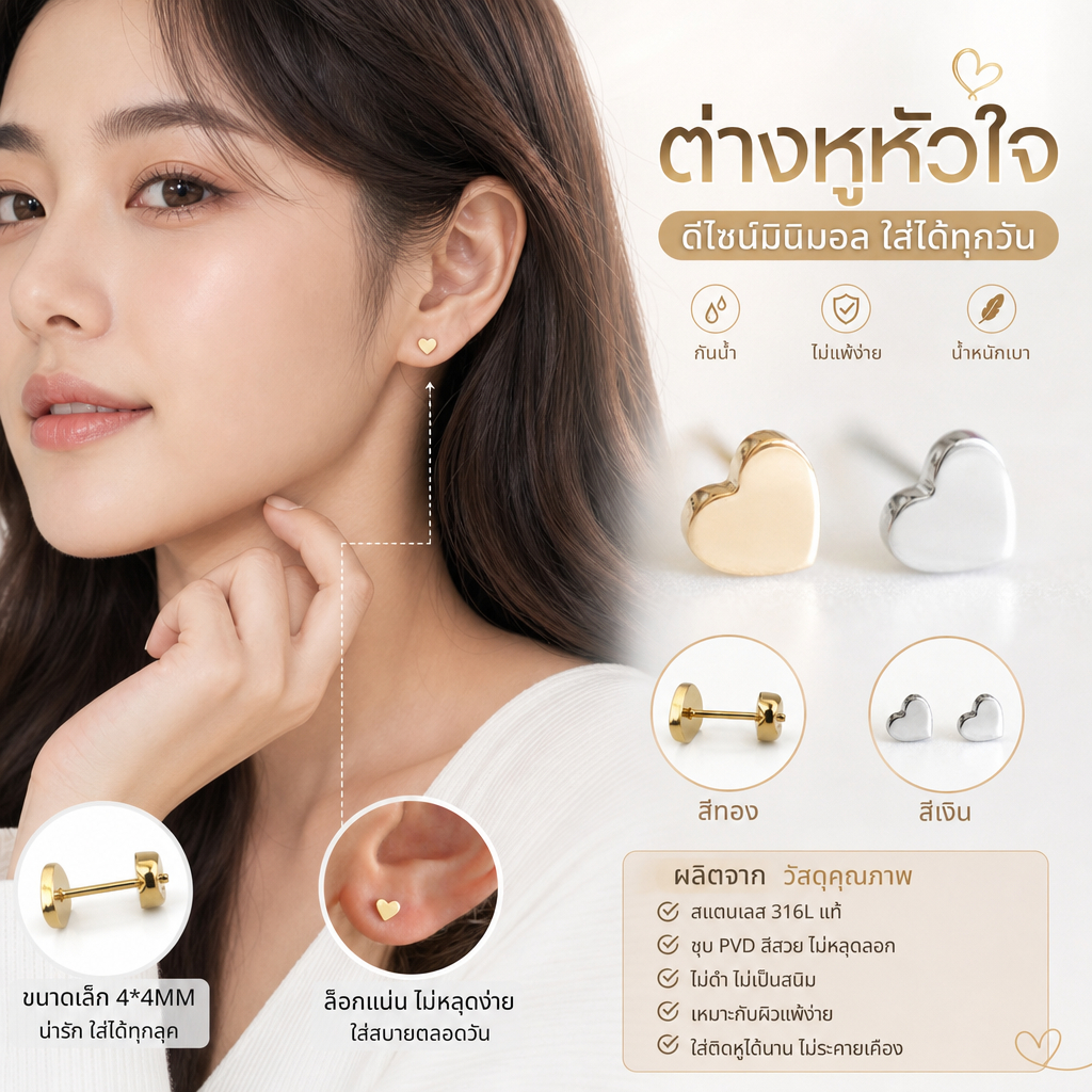 ZHENL ต่างหูหัวใจน่ารัก 4mm ก้านเกลียว​ สำหรับ เจาะหูใหม่​ 316L สแตนเลสแท้ PVD ชุบ18K​ 2 สี ไม่ลอก ไม่แพ้ ไม่กดหู นอนเจ็บ​ ของขวัญแฟน