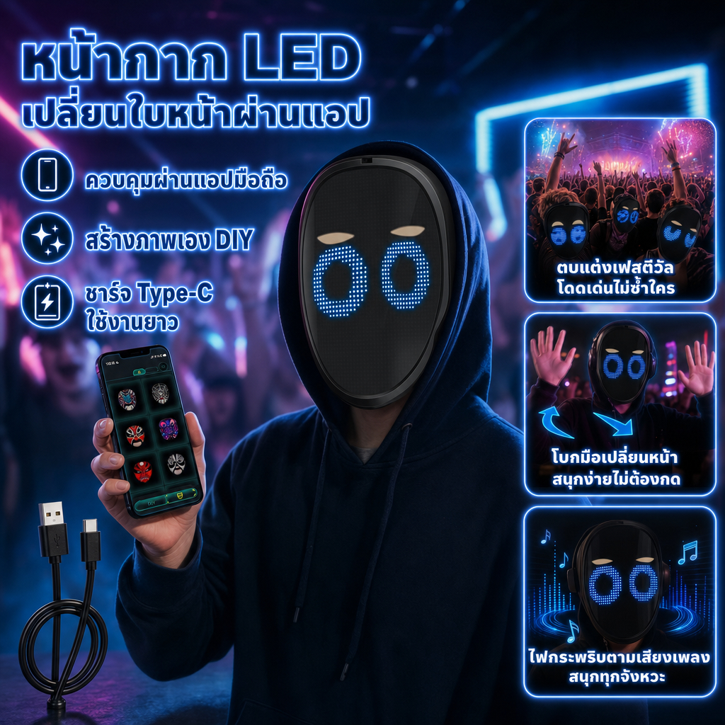 หน้ากาก LED 2000mAh ชาร์จ Face Transforming หน้ากาก LED พร้อม Gesture Sensing App ควบคุม Light UP หน้ากากปรับแต่ง