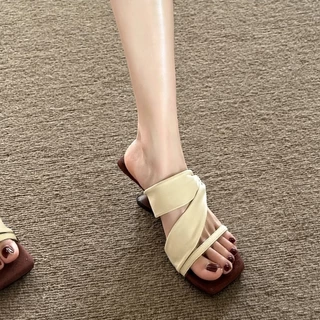 Minkun เกาหลี Vintage ซาตินสายรัด Slip บน Mules รองเท้าส้นสูงสแควร์เปิดนิ้วเท้ารองเท้าแตะ Casual Party Office สวมใส่