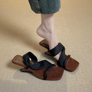 Minkun เกาหลี Vintage ซาตินสายรัด Slip บน Mules รองเท้าส้นสูงสแควร์เปิดนิ้วเท้ารองเท้าแตะ Casual Party Office สวมใส่