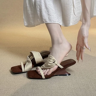 Minkun เกาหลี Vintage ซาตินสายรัด Slip บน Mules รองเท้าส้นสูงสแควร์เปิดนิ้วเท้ารองเท้าแตะ Casual Party Office สวมใส่