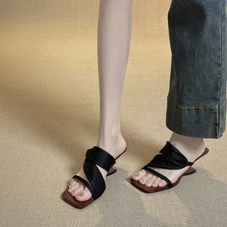 Minkun เกาหลี Vintage ซาตินสายรัด Slip บน Mules รองเท้าส้นสูงสแควร์เปิดนิ้วเท้ารองเท้าแตะ Casual Party Office สวมใส่