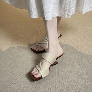 Minkun เกาหลี Vintage ซาตินสายรัด Slip บน Mules รองเท้าส้นสูงสแควร์เปิดนิ้วเท้ารองเท้าแตะ Casual Party Office สวมใส่