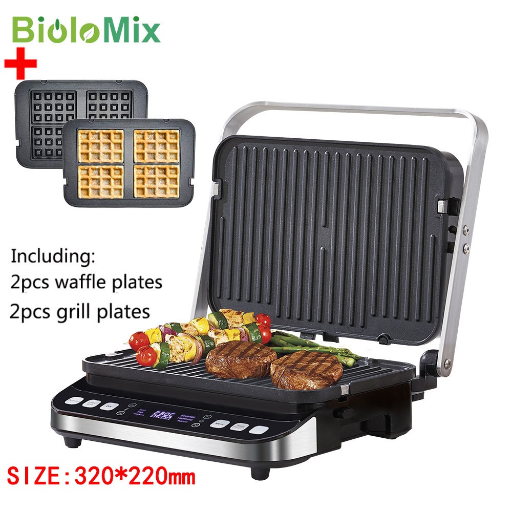 เตาย่างไฟฟ้ามัลติฟังก์ชั่น Biolomix 2200W – เครื่องทําแซนด์วิช, เครื่องทําวาฟเฟิลและขนมปังปิ้งพร้อมเตาย่างบาร์บีคิวสําหรับอาหาร DIY