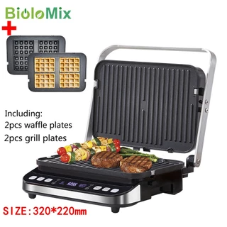 เตาย่างไฟฟ้ามัลติฟังก์ชั่น Biolomix 2200W – เครื่องทําแซนด์วิช, เครื่องทําวาฟเฟิลและขนมปังปิ้งพร้อมเตาย่างบาร์บีคิวสําหรับอาหาร DIY