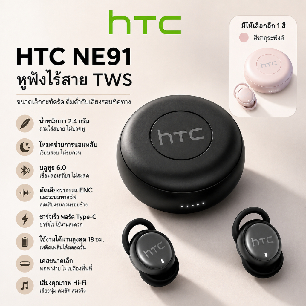 HTC NE91 Sleep หูฟังบลูทูธ 6.0 ENC Noise 2.4g Ultra Light In Ear หูฟังสําหรับด้านข้าง Sleeper ASMR เสียงรบกวนสีขาว Gaming Mini TWS หูฟังสําหรับ Sleep Study Work