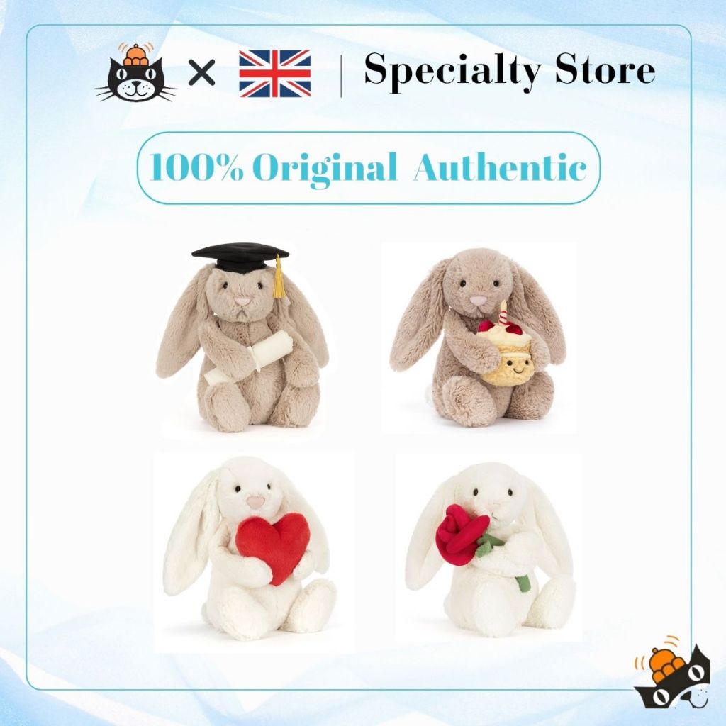 [ของแท้ 100%] ตุ๊กตา Jellycat Birthday Bunny มอบการ์ดอวยพรและถุงของขวัญสีฟ้า - Free Gift card & bag of Jelly cat