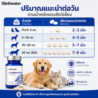 PETHEALER Chondroitin Tablets อาหารเสริมข้อต่อและกระดูกสำหรับสุนัขและแมว ดูแลการเคลื่อนไหว สัตว์เลี้ยงสูงวัย 105g ประมาณ 350 เม็ด