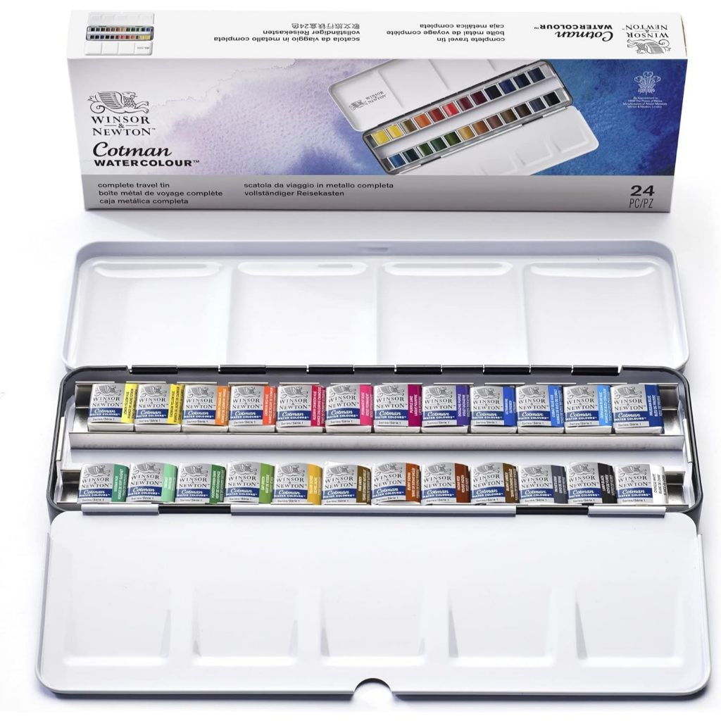 Winsor & Newton Cotman กล่องสีน้ำวาดสเก็ตช์ ชุดสีครึ่งพาน 24 สีผสมหลากหลาย