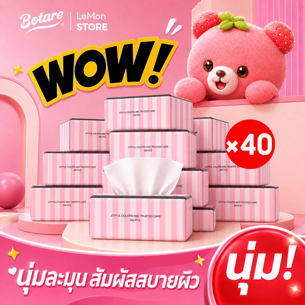 【20 ห่อ】Botare® CHEERFUL™PINK กระดาษทิชชู่แขวนหนานุ่ม 4 ชั้น ทิชชู่เด็ก เยื่อไม้FSC สำหรับคนเป็นภูมิแพ้ ทิชชู่คุ้มค่า ซึมซับได้ดี 175*155มม. 1800แผ่น facial tissue GB/T20808