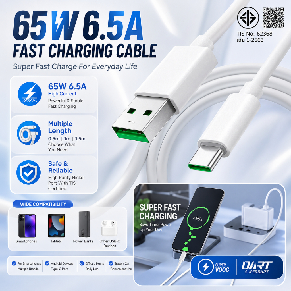 สายชาร์จเร็ว 65W Type-C รองรับ SuperVOOC SuperDart 6.5A สำหรับมือถือ USB-C หลายรุ่น เลือกได้ 0.5/1/1