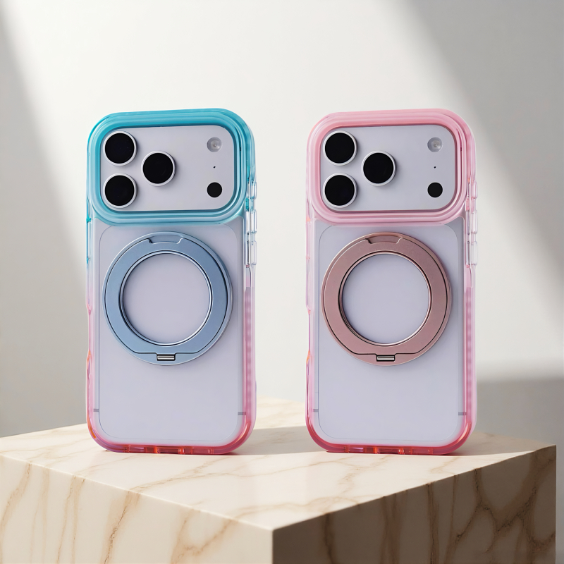 Premium 360°Magnetic Stand อะคริลิคใส Hard Case/Pink เคส เข้ากันได้กับ iPhone 17 16 15 Pro Max กรณีป้องกันลายนิ้วมือสําหรับ iPhone 16 15 Plus ปกหลัง