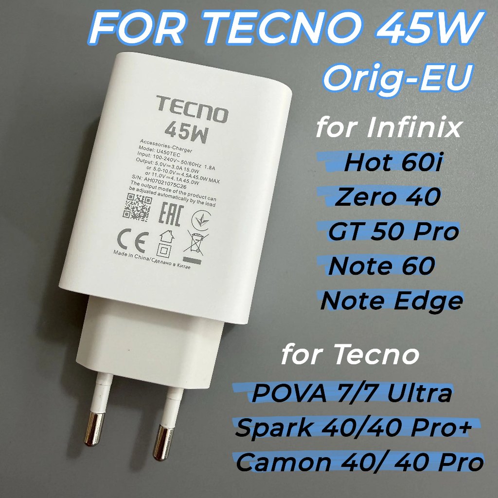 45W Super Fast Charger ชุด 6A Type-C สายชาร์จสําหรับ TECNO Spark 40 Series, Camon 40 Pro, POVA 7 Ult