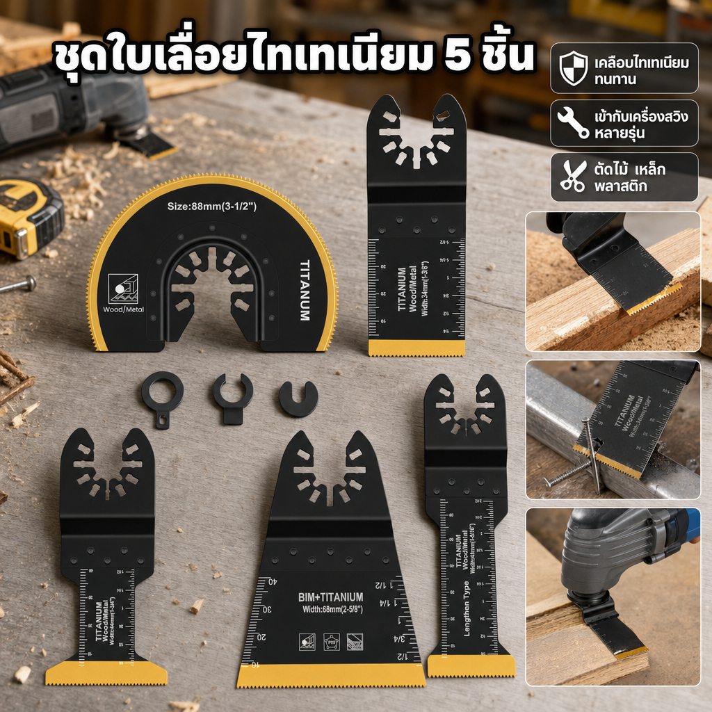 ใบเลื่อยสั่น เคลือบไทเทเนียม พร้อมอะแดปเตอร์ปะเก็น 5 ชิ้น