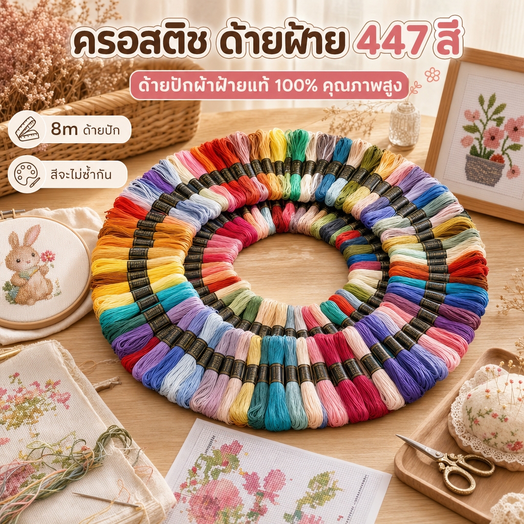 ครอสติช ด้ายฝ้าย สีรุ้ง 100/200/447 สี เย็บปักถักร้อย คุณภาพดี สีไม่ตก ไหมปักมือ