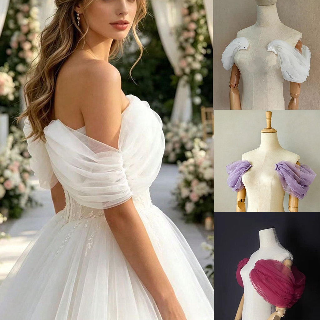 หนึ่งคู่tulle Deteableแขนผ้าคลุมไหล่สําหรับชุดแต่งงานที่ถอดออกได้สําหรับชุดเจ้าสาวอุปกรณ์จัดงานแต่งงาน