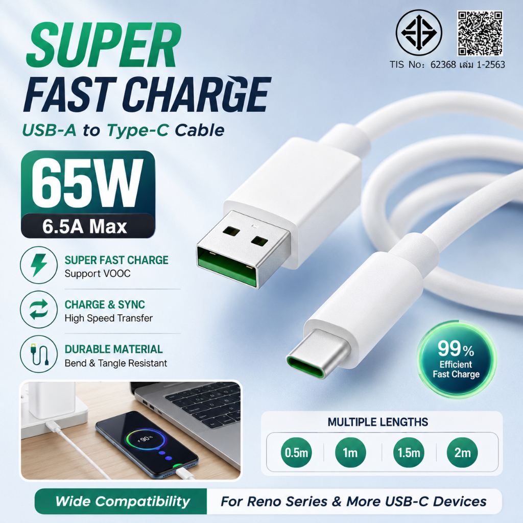 ชาร์จเร็ว 65W 33W สายชาร์จ USB-C 6.5A รองรับ VOOC SuperVOOC หลายรุ่น หลายความยาว 0.5m-2m ใช้งานได้กั