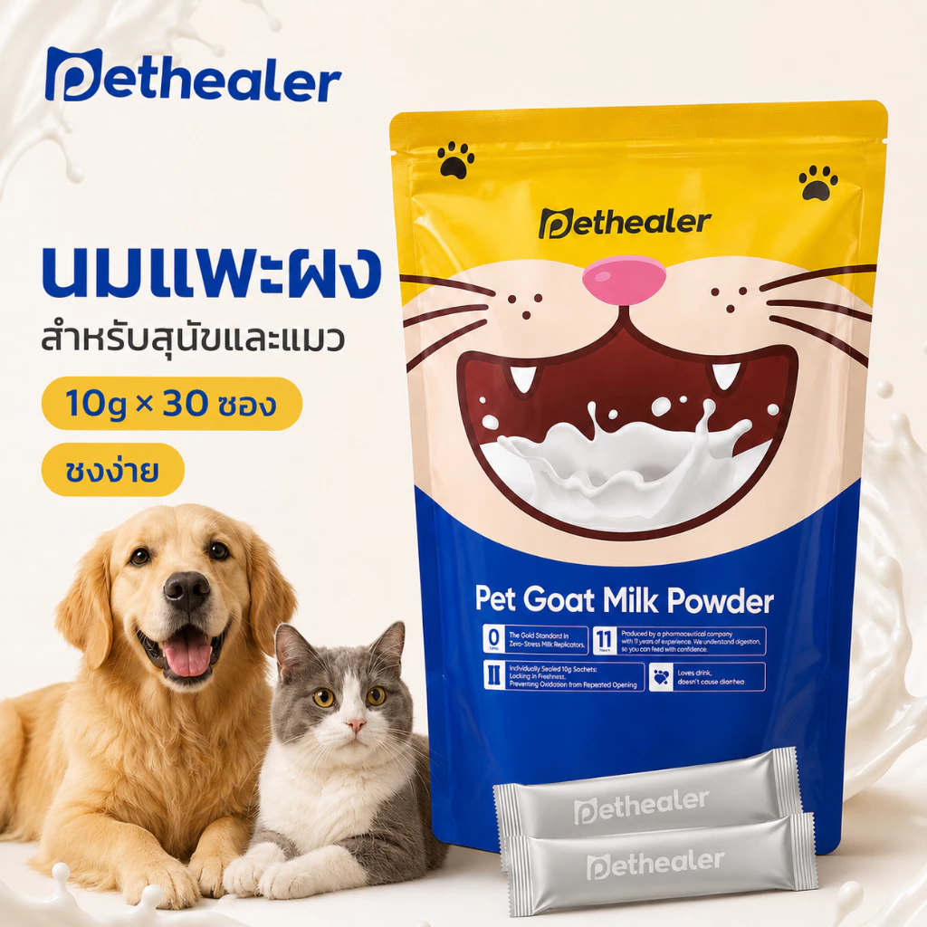 PETHEALER นมแพะผงสัตว์เลี้ยง 300g 10g×30ซอง สำหรับสุนัขและแมว ลูกสุนัขลูกแมว ชงง่าย