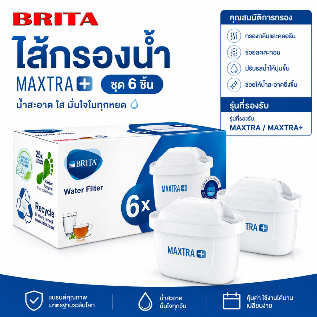 100% Original Brita MAXTRA+ Filter Brita maxa + เครื่องกรองน้ําโปร เครื่องกรองน้ํา 6 แพ็ค คลอรีนพอดีกาต้มน้ําทั้งหมด