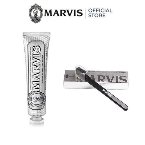 (NEW) Marvis ยาสีฟันมาร์วิส สโมคเกอร์ ไวท์เทนนิ่ง มินต์/ Marvis Smoker Mint 85ml+Marvis Premium Professional Anti-Allergic Gum Care แปรงสีฟันขนแปรงขนาดกลางพร้อมขนแปรงนุ่มเป็นกลาง