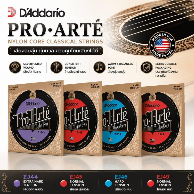 D'ADDARIO สายกีต้าร์คลาสสิก DAddario Pro-Arte Nylon Core เลือกความตึงได้ EJ45/EJ46/EJ44 ความตึงเครีย
