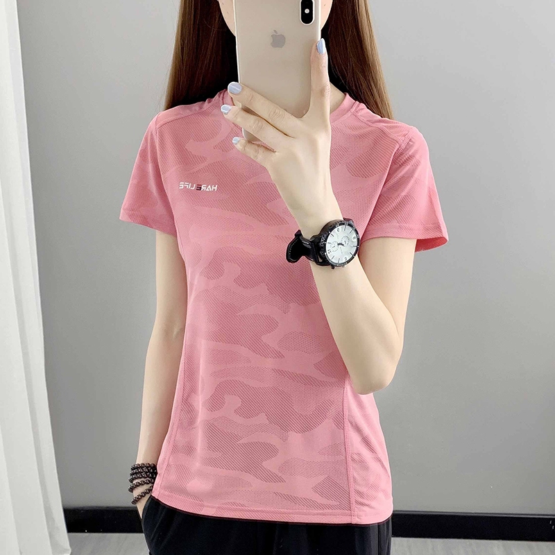 ฤดูร้อนใหม่เสื้อยืดแห้งเร็วสําหรับผู้หญิง, กีฬาวิ่งยืดกลางแจ้ง, แห้งเร็ว, ดูดซับเหงื่อ, ระบายอากาศได้