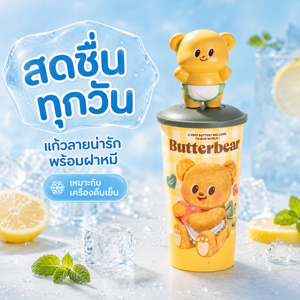 [Aria] ของแท้เนยหมีรูปถ้วยตุ๊กตาหมีถ้วยตุ๊กตาถ้วยน้ำน่ารักฟางพลาสติก พลาสติกบาง thin plastic cup